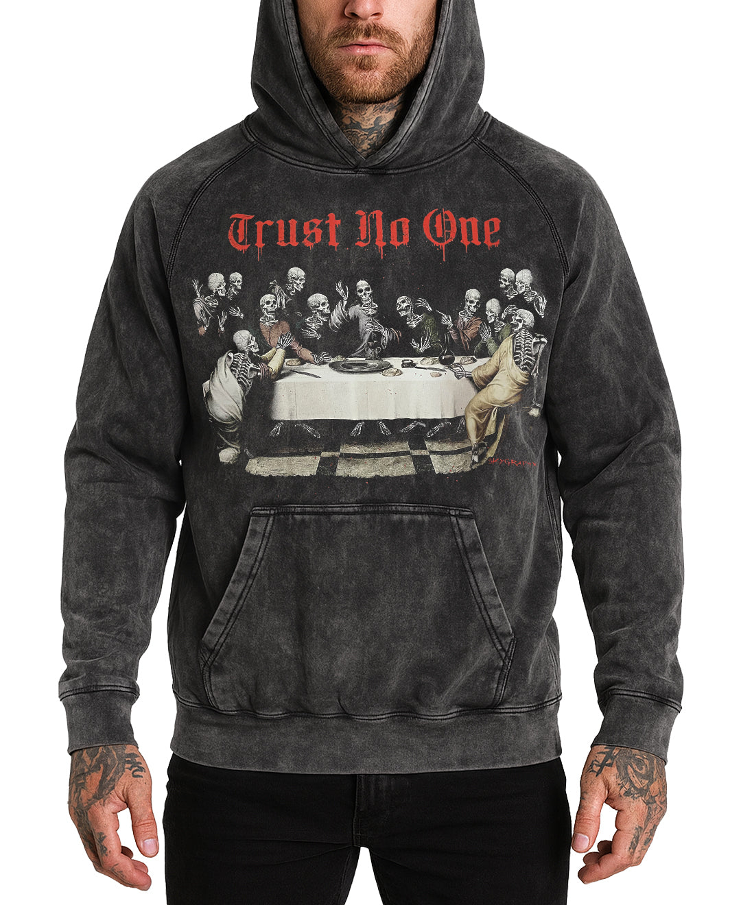 Person wearing a hoodie with a graphic design and text 'Trust No One' on a white background