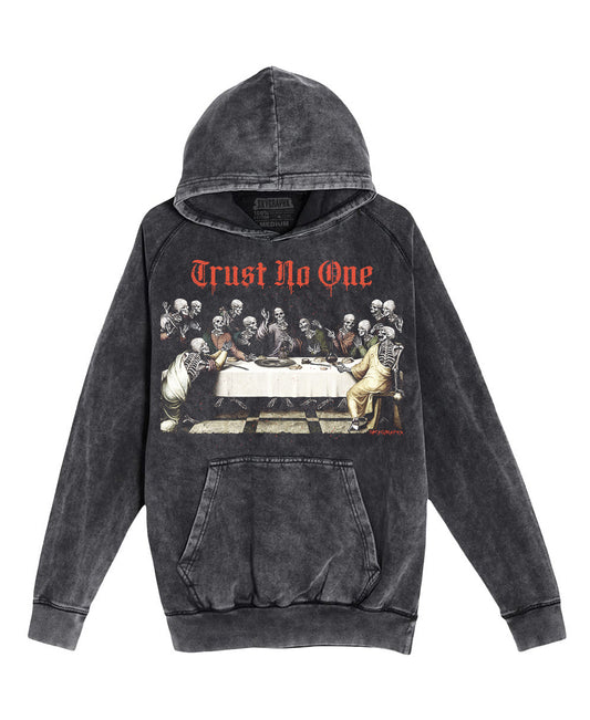 Black hoodie with graphic design of 'Trust No One' on a white background