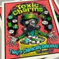 Poster with a character in a gas mask and toxic theme, featuring text 'Toxic Charms' and 'They're Chemically Delicious!'.