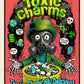 Surreal illustration of a character in a gas mask with text about 'Toxic Charms' on a red background.