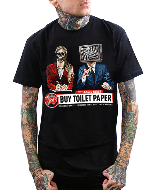 model wearing fear news shirt with news anchors and buy toilet paper headline