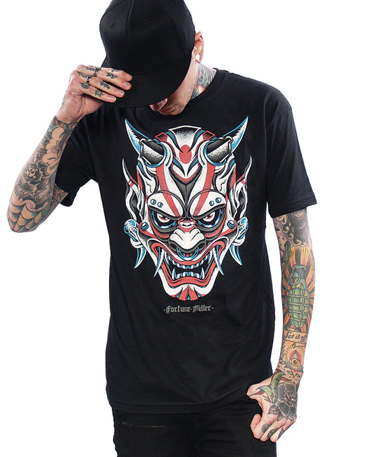 model wearing shirt with evil oni skull mask