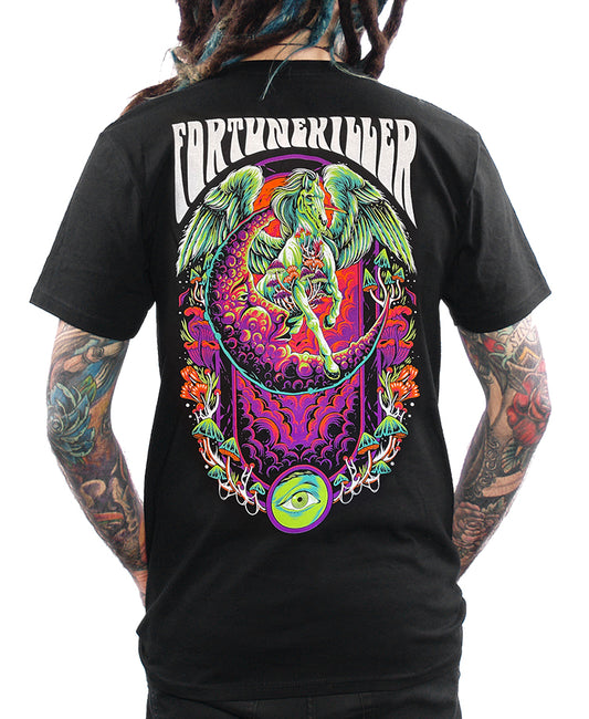 model wearing shirt with trippy colorful flying pegasus moon and fortune killer text