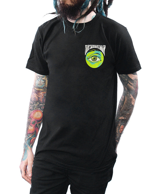 model wearing shirt with green eye on chest says fortune killer
