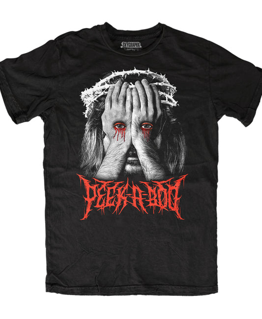 shirt with jesus looking through stigmata hands and says peek a boo