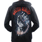 back view of model wearing hoodie with skeleton hand holding cell phone says wasted reality