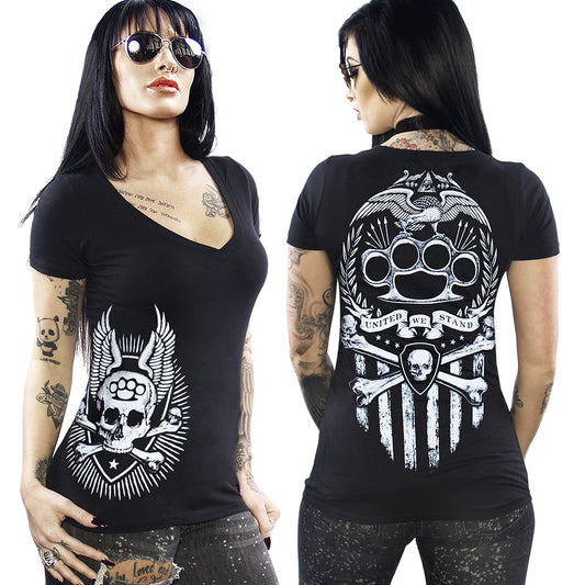 model wearing shirt with skull brass knuckles and united we stand phrase